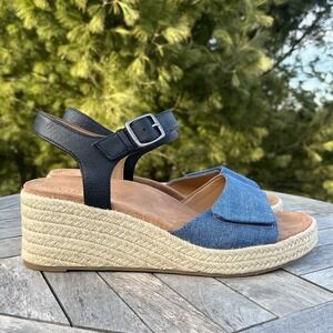 Vionic Sable Sandal Wmns 10 W Espadrille Wedge Blue Denim Black Adjustable Strap